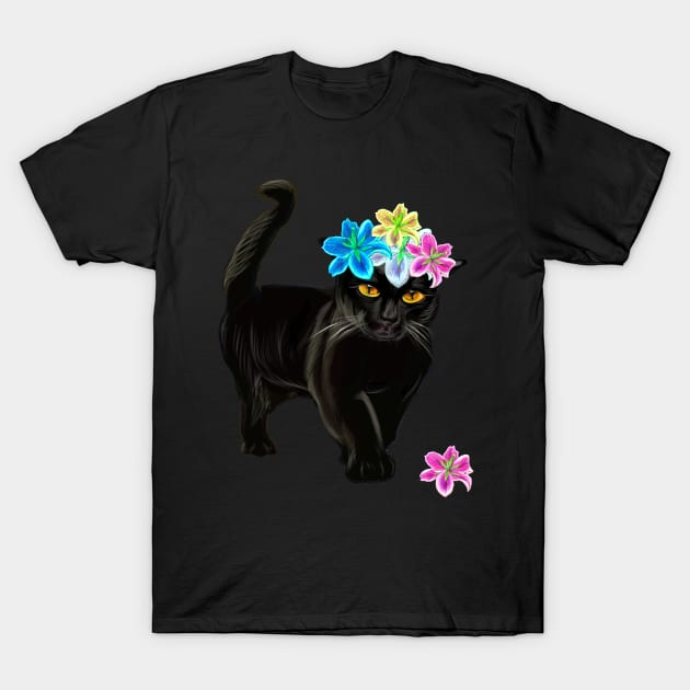 Black Cat with flower crown. Cat themed gifts for women and men T-Shirt by Artonmytee